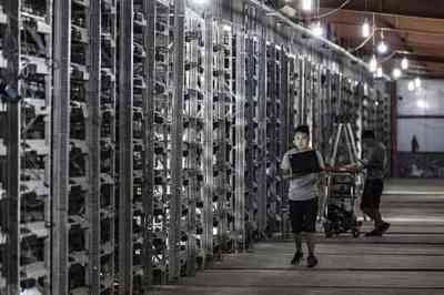 A large mining farm with rows of mining rigs